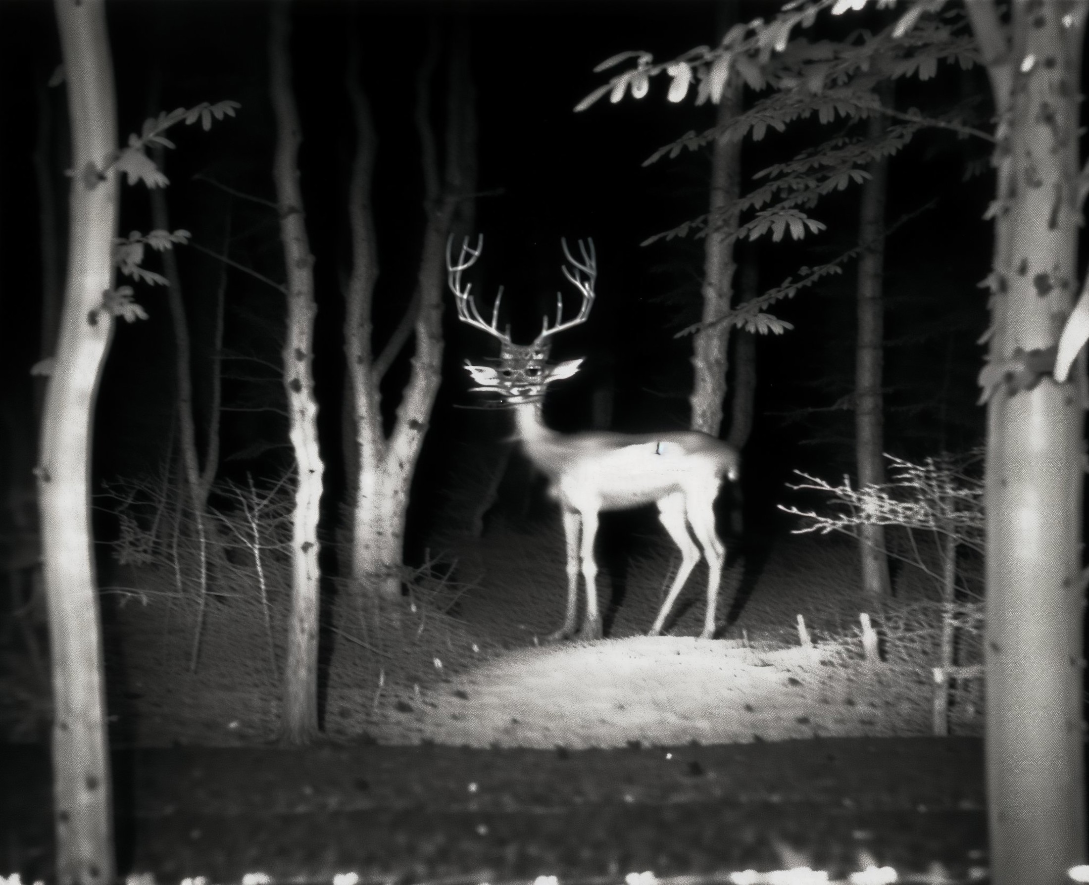 01494-1635370714-a black and white photo of a deer in the woods, concept art by Bedwyr Williams, cgsociety, video art, screenshot of found footag.jpg